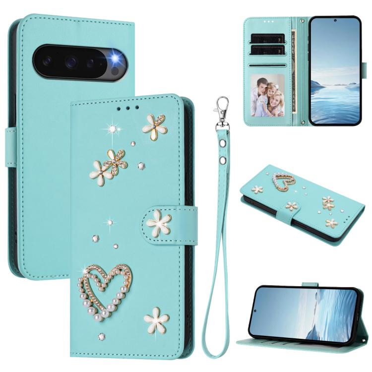 ZS01 Double-Layer Heart Floral Vegan Leather Phone Case with Wrist Strap, For Google Pixel 10a, For Google Pixel 10 Pro XL 5G, For Google Pixel 10 5G Global, For Google Pixel 9a, For Google Pixel 8a, For Google Pixel 8 Pro, For Google Pixel 8          ...