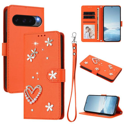 ZS01 Double-Layer Heart Floral Vegan Leather Phone Case with Wrist Strap, For Google Pixel 10a, For Google Pixel 10 Pro XL 5G, For Google Pixel 10 5G Global, For Google Pixel 9a, For Google Pixel 8a, For Google Pixel 8 Pro, For Google Pixel 8          ...