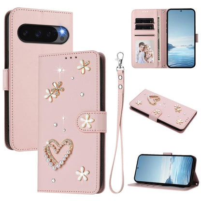 ZS01 Double-Layer Heart Floral Vegan Leather Phone Case with Wrist Strap, For Google Pixel 10a, For Google Pixel 10 Pro XL 5G, For Google Pixel 10 5G Global, For Google Pixel 9a, For Google Pixel 8a, For Google Pixel 8 Pro, For Google Pixel 8          ...