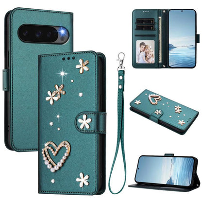 ZS01 Double-Layer Heart Floral Vegan Leather Phone Case with Wrist Strap, For Google Pixel 10a, For Google Pixel 10 Pro XL 5G, For Google Pixel 10 5G Global, For Google Pixel 9a, For Google Pixel 8a, For Google Pixel 8 Pro, For Google Pixel 8          ...