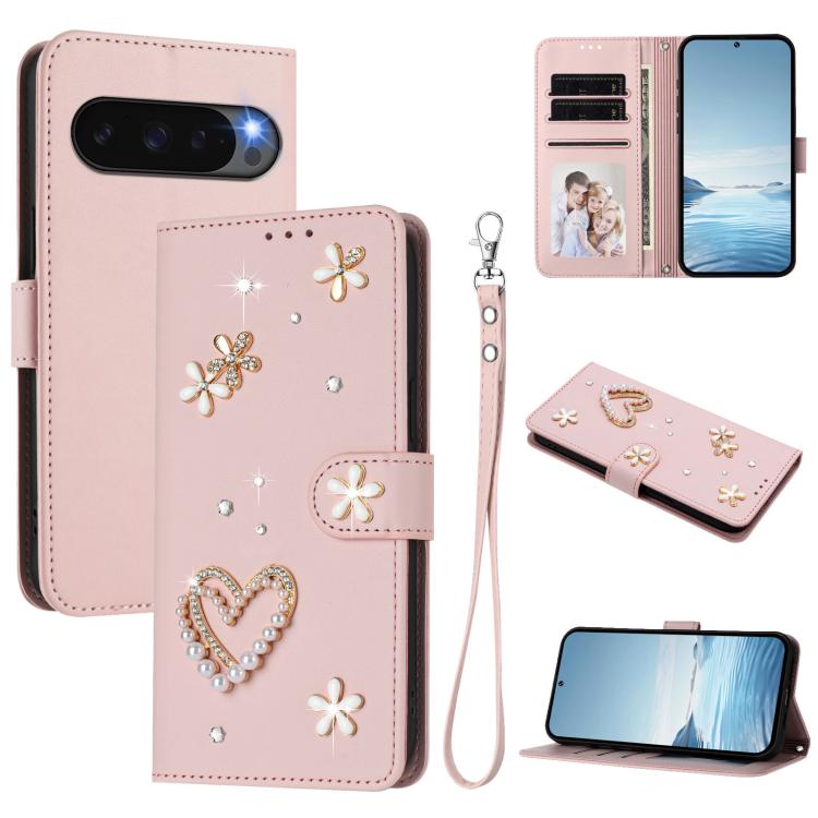 ZS01 Double-Layer Heart Floral Vegan Leather Phone Case with Wrist Strap, For Google Pixel 10a, For Google Pixel 10 Pro XL 5G, For Google Pixel 10 5G Global, For Google Pixel 9a, For Google Pixel 8a, For Google Pixel 8 Pro, For Google Pixel 8          ...