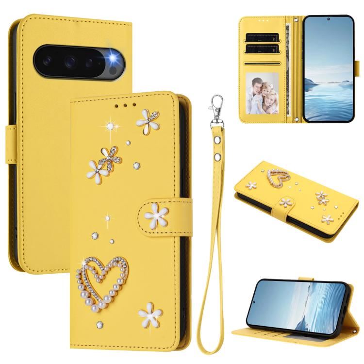 ZS01 Double-Layer Heart Floral Vegan Leather Phone Case with Wrist Strap, For Google Pixel 10a, For Google Pixel 10 Pro XL 5G, For Google Pixel 10 5G Global, For Google Pixel 9a, For Google Pixel 8a, For Google Pixel 8 Pro, For Google Pixel 8          ...