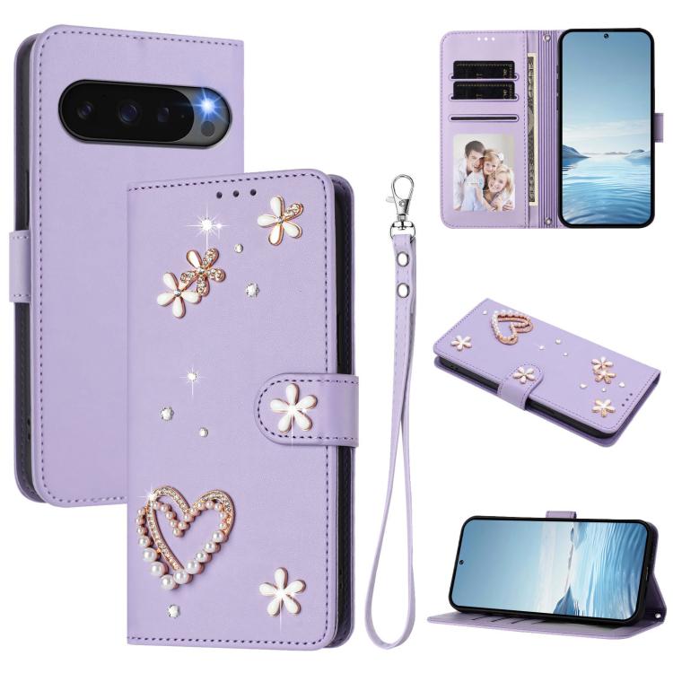 ZS01 Double-Layer Heart Floral Vegan Leather Phone Case with Wrist Strap, For Google Pixel 10a, For Google Pixel 10 Pro XL 5G, For Google Pixel 10 5G Global, For Google Pixel 9a, For Google Pixel 8a, For Google Pixel 8 Pro, For Google Pixel 8          ...