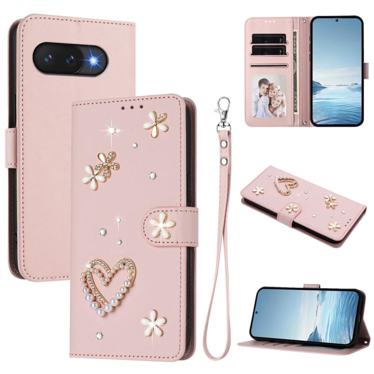 ZS01 Double-Layer Heart Floral Vegan Leather Phone Case with Wrist Strap, For Google Pixel 10a, For Google Pixel 10 Pro XL 5G, For Google Pixel 10 5G Global, For Google Pixel 9a, For Google Pixel 8a, For Google Pixel 8 Pro, For Google Pixel 8          ...
