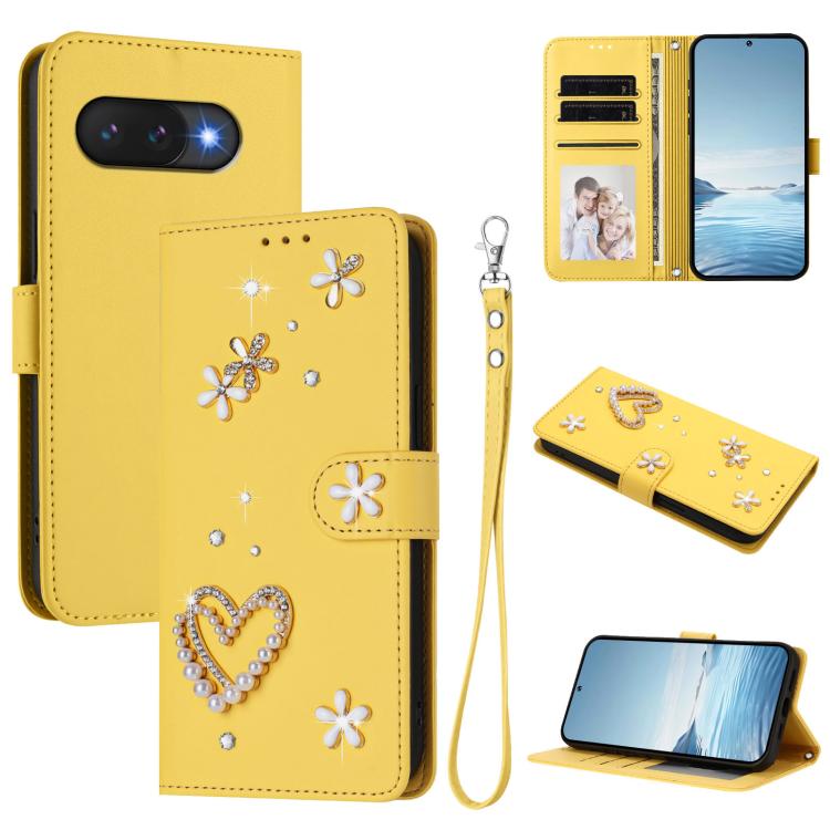 ZS01 Double-Layer Heart Floral Vegan Leather Phone Case with Wrist Strap, For Google Pixel 10a, For Google Pixel 10 Pro XL 5G, For Google Pixel 10 5G Global, For Google Pixel 9a, For Google Pixel 8a, For Google Pixel 8 Pro, For Google Pixel 8          ...