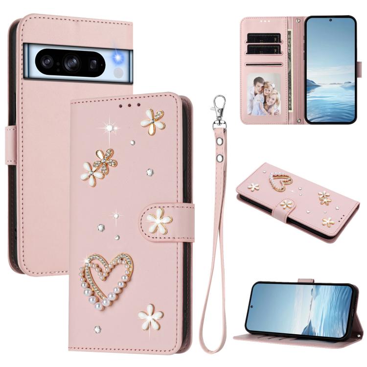 ZS01 Double-Layer Heart Floral Vegan Leather Phone Case with Wrist Strap, For Google Pixel 10a, For Google Pixel 10 Pro XL 5G, For Google Pixel 10 5G Global, For Google Pixel 9a, For Google Pixel 8a, For Google Pixel 8 Pro, For Google Pixel 8          ...