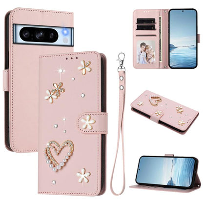 ZS01 Double-Layer Heart Floral Vegan Leather Phone Case with Wrist Strap, For Google Pixel 10a, For Google Pixel 10 Pro XL 5G, For Google Pixel 10 5G Global, For Google Pixel 9a, For Google Pixel 8a, For Google Pixel 8 Pro, For Google Pixel 8          ...
