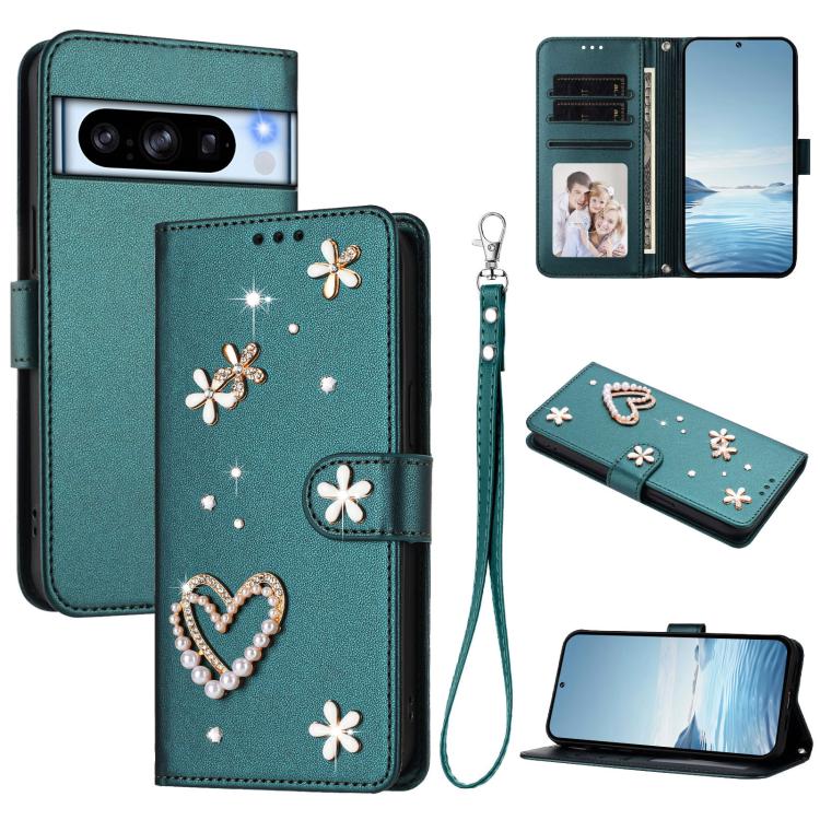 ZS01 Double-Layer Heart Floral Vegan Leather Phone Case with Wrist Strap, For Google Pixel 10a, For Google Pixel 10 Pro XL 5G, For Google Pixel 10 5G Global, For Google Pixel 9a, For Google Pixel 8a, For Google Pixel 8 Pro, For Google Pixel 8          ...