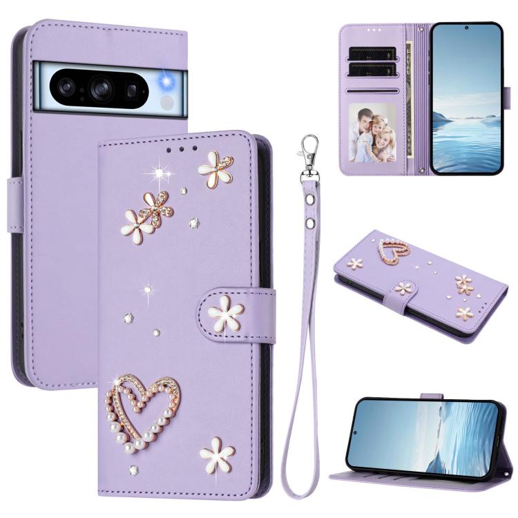 ZS01 Double-Layer Heart Floral Vegan Leather Phone Case with Wrist Strap, For Google Pixel 10a, For Google Pixel 10 Pro XL 5G, For Google Pixel 10 5G Global, For Google Pixel 9a, For Google Pixel 8a, For Google Pixel 8 Pro, For Google Pixel 8          ...