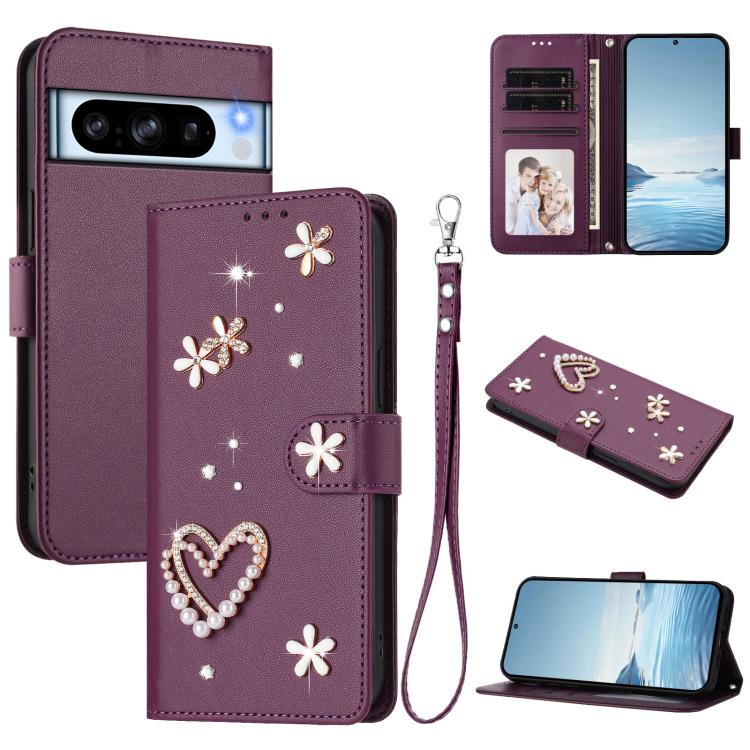 ZS01 Double-Layer Heart Floral Vegan Leather Phone Case with Wrist Strap, For Google Pixel 10a, For Google Pixel 10 Pro XL 5G, For Google Pixel 10 5G Global, For Google Pixel 9a, For Google Pixel 8a, For Google Pixel 8 Pro, For Google Pixel 8          ...