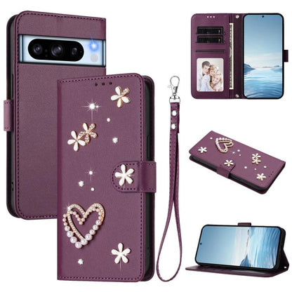 ZS01 Double-Layer Heart Floral Vegan Leather Phone Case with Wrist Strap, For Google Pixel 10a, For Google Pixel 10 Pro XL 5G, For Google Pixel 10 5G Global, For Google Pixel 9a, For Google Pixel 8a, For Google Pixel 8 Pro, For Google Pixel 8          ...