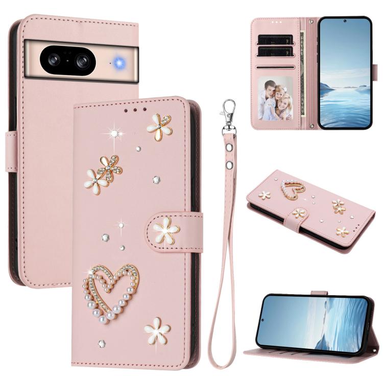 ZS01 Double-Layer Heart Floral Vegan Leather Phone Case with Wrist Strap, For Google Pixel 10a, For Google Pixel 10 Pro XL 5G, For Google Pixel 10 5G Global, For Google Pixel 9a, For Google Pixel 8a, For Google Pixel 8 Pro, For Google Pixel 8          ...