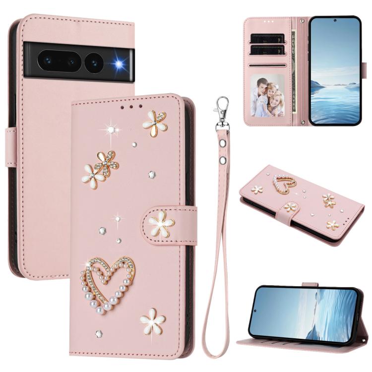 ZS01 Double-Layer Heart Floral Vegan Leather Phone Case with Wrist Strap, For Google Pixel 10a, For Google Pixel 10 Pro XL 5G, For Google Pixel 10 5G Global, For Google Pixel 9a, For Google Pixel 8a, For Google Pixel 8 Pro, For Google Pixel 8          ...