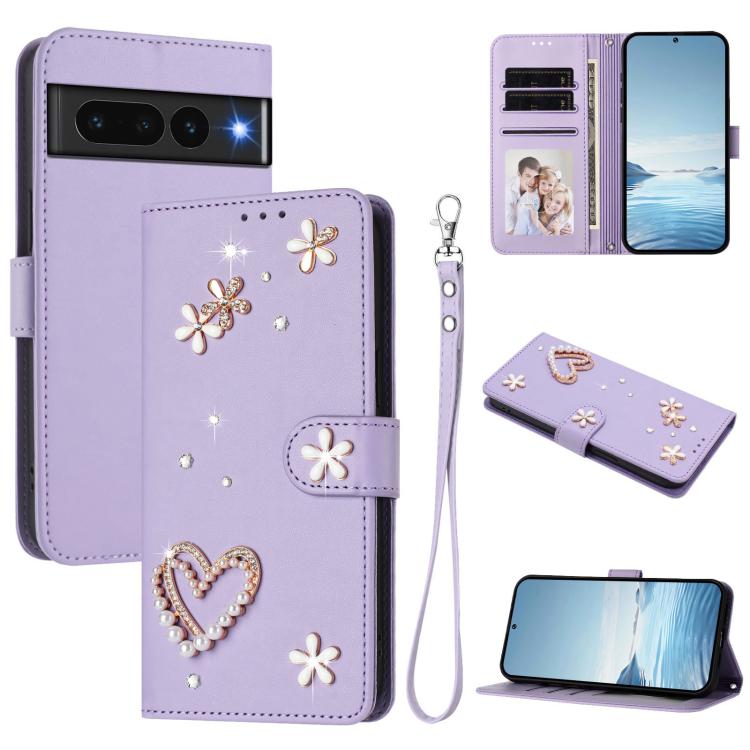 ZS01 Double-Layer Heart Floral Vegan Leather Phone Case with Wrist Strap, For Google Pixel 10a, For Google Pixel 10 Pro XL 5G, For Google Pixel 10 5G Global, For Google Pixel 9a, For Google Pixel 8a, For Google Pixel 8 Pro, For Google Pixel 8          ...