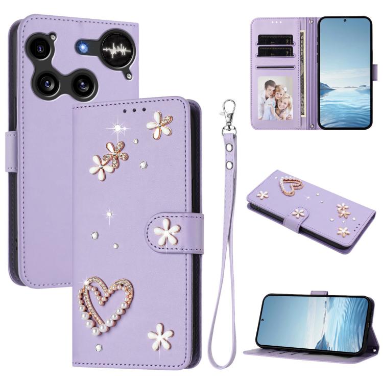 ZS01 Double-Layer Heart Floral Vegan Leather Phone Case with Wrist Strap, For Nothing Phone 3a Lite, For Nothing Phone 3, For Nothing CMF Phone 2 Pro, For Nothing Phone 3a, For Nothing Phone 3a Pro, For Nothing CMF Phone 1, For Nothing Phone 2a