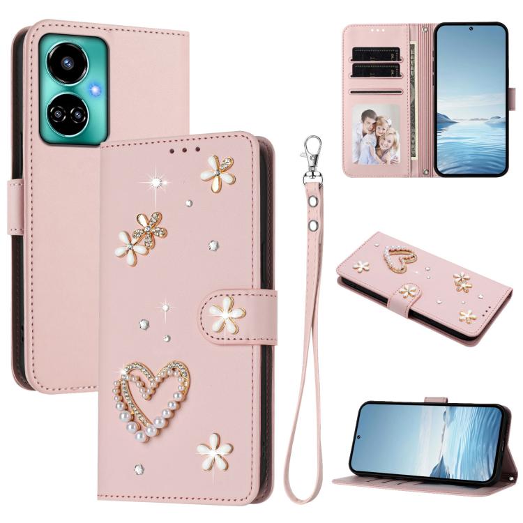 ZS01 Double-Layer Heart Floral Vegan Leather Phone Case with Wrist Strap, For Tecno Spark 10 5G, For Tecno Spark 10C / 10 4G, For Tecno Spark 10 Pro 4G, For Tecno Camon 19 / 19 Pro 5G