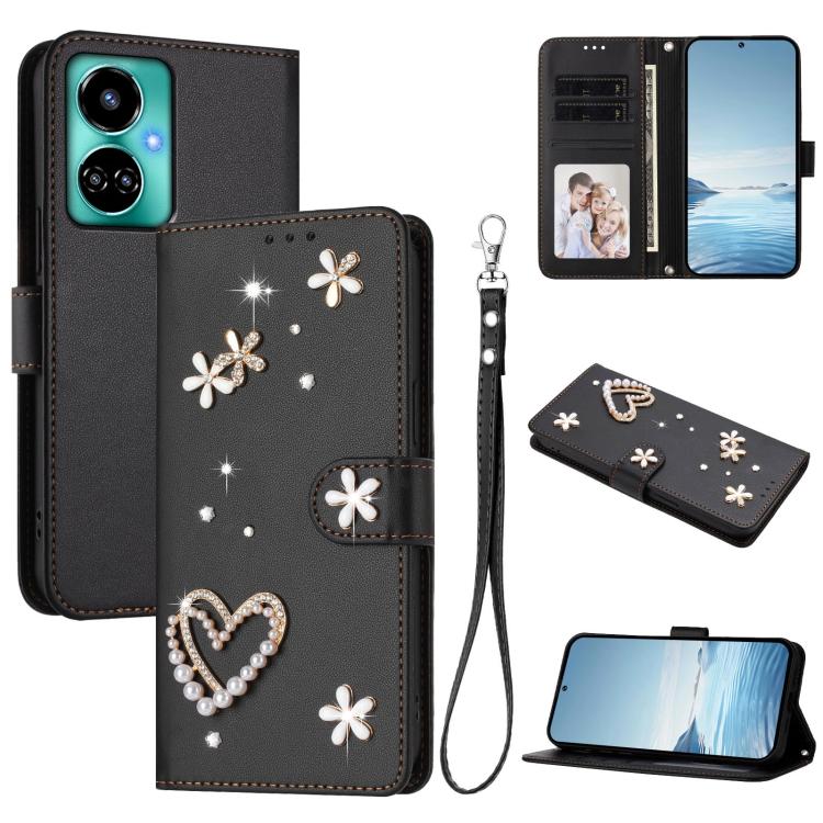 ZS01 Double-Layer Heart Floral Vegan Leather Phone Case with Wrist Strap, For Tecno Spark 10 5G, For Tecno Spark 10C / 10 4G, For Tecno Spark 10 Pro 4G, For Tecno Camon 19 / 19 Pro 5G