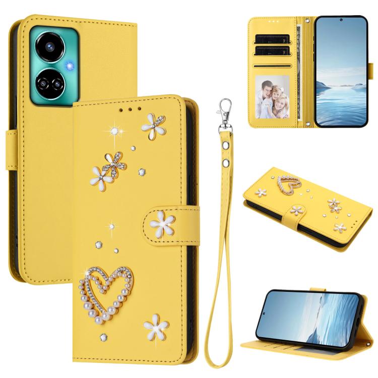 ZS01 Double-Layer Heart Floral Vegan Leather Phone Case with Wrist Strap, For Tecno Spark 10 5G, For Tecno Spark 10C / 10 4G, For Tecno Spark 10 Pro 4G, For Tecno Camon 19 / 19 Pro 5G