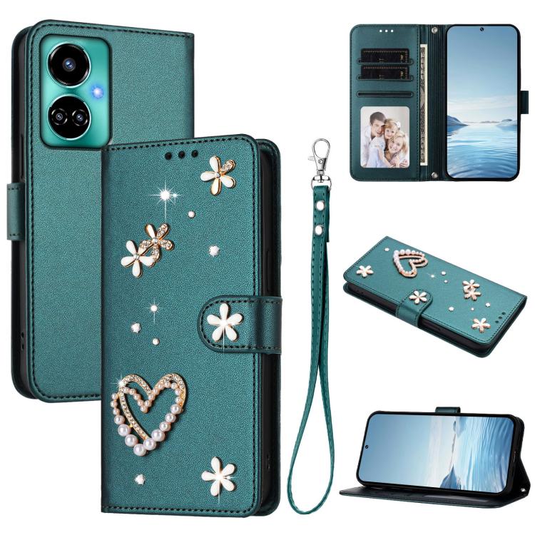 ZS01 Double-Layer Heart Floral Vegan Leather Phone Case with Wrist Strap, For Tecno Spark 10 5G, For Tecno Spark 10C / 10 4G, For Tecno Spark 10 Pro 4G, For Tecno Camon 19 / 19 Pro 5G