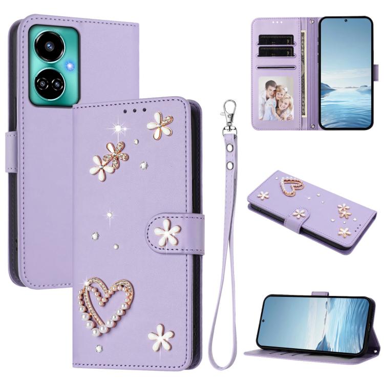 ZS01 Double-Layer Heart Floral Vegan Leather Phone Case with Wrist Strap, For Tecno Spark 10 5G, For Tecno Spark 10C / 10 4G, For Tecno Spark 10 Pro 4G, For Tecno Camon 19 / 19 Pro 5G