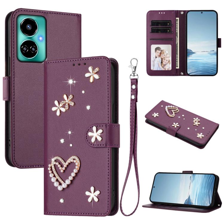 ZS01 Double-Layer Heart Floral Vegan Leather Phone Case with Wrist Strap, For Tecno Spark 10 5G, For Tecno Spark 10C / 10 4G, For Tecno Spark 10 Pro 4G, For Tecno Camon 19 / 19 Pro 5G
