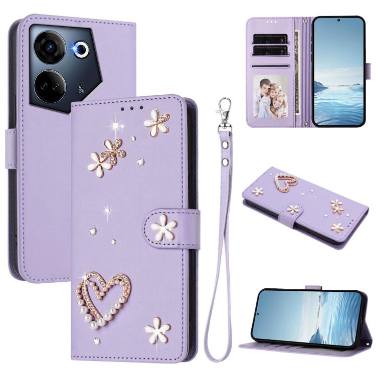 ZS01 Double-Layer Heart Floral Vegan Leather Phone Case with Wrist Strap, For Tecno Pova 6 4G, For Tecno Pova 6 5G / 6 Pro 5G, For Tecno Camon 30 Pro 5G, For Tecno Camon 30 Premier, For Tecno Camon 30 4G / 5G, For Tecno Spark 20 Pro+ 4G                ...