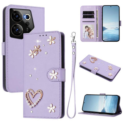 ZS01 Double-Layer Heart Floral Vegan Leather Phone Case with Wrist Strap, For Tecno Pova 6 4G, For Tecno Pova 6 5G / 6 Pro 5G, For Tecno Camon 30 Pro 5G, For Tecno Camon 30 Premier, For Tecno Camon 30 4G / 5G, For Tecno Spark 20 Pro+ 4G                ...