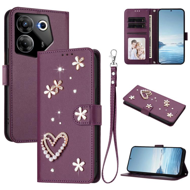 ZS01 Double-Layer Heart Floral Vegan Leather Phone Case with Wrist Strap, For Tecno Pova 6 4G, For Tecno Pova 6 5G / 6 Pro 5G, For Tecno Camon 30 Pro 5G, For Tecno Camon 30 Premier, For Tecno Camon 30 4G / 5G, For Tecno Spark 20 Pro+ 4G                ...
