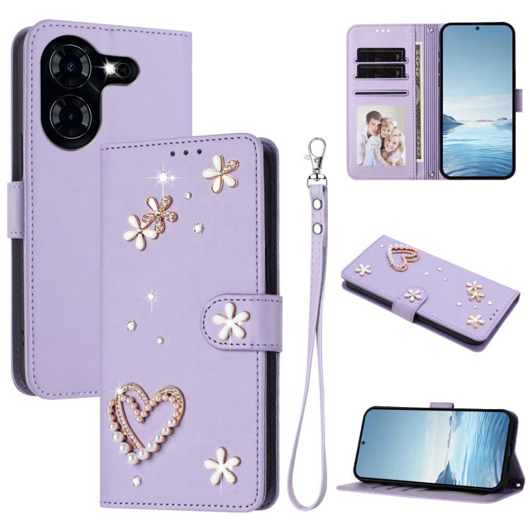 ZS01 Double-Layer Heart Floral Vegan Leather Phone Case with Wrist Strap, For Tecno Pova 6 4G, For Tecno Pova 6 5G / 6 Pro 5G, For Tecno Camon 30 Pro 5G, For Tecno Camon 30 Premier, For Tecno Camon 30 4G / 5G, For Tecno Spark 20 Pro+ 4G                ...