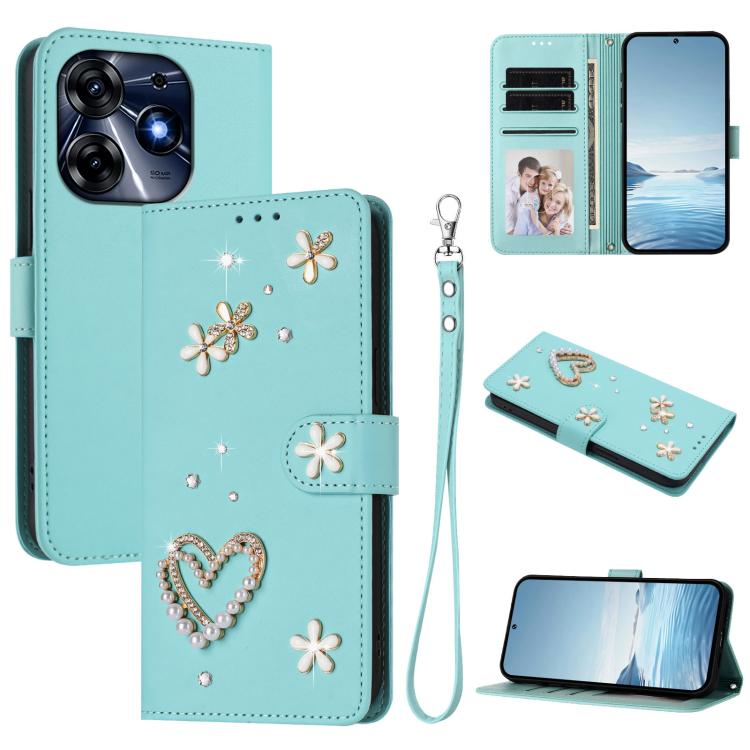 ZS01 Double-Layer Heart Floral Vegan Leather Phone Case with Wrist Strap, For Tecno Spark 10 5G, For Tecno Spark 10C / 10 4G, For Tecno Spark 10 Pro 4G, For Tecno Camon 19 / 19 Pro 5G