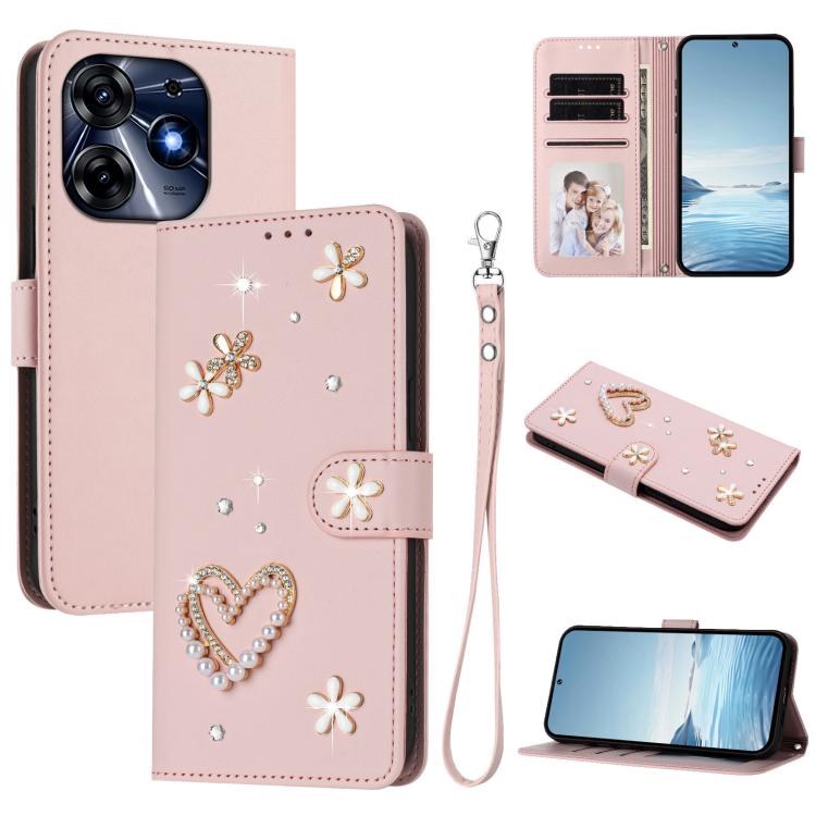ZS01 Double-Layer Heart Floral Vegan Leather Phone Case with Wrist Strap, For Tecno Spark 10 5G, For Tecno Spark 10C / 10 4G, For Tecno Spark 10 Pro 4G, For Tecno Camon 19 / 19 Pro 5G