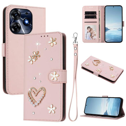 ZS01 Double-Layer Heart Floral Vegan Leather Phone Case with Wrist Strap, For Tecno Spark 10 5G, For Tecno Spark 10C / 10 4G, For Tecno Spark 10 Pro 4G, For Tecno Camon 19 / 19 Pro 5G