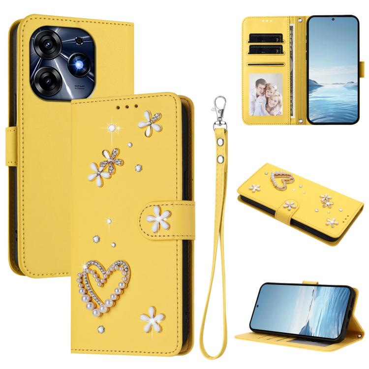 ZS01 Double-Layer Heart Floral Vegan Leather Phone Case with Wrist Strap, For Tecno Spark 10 5G, For Tecno Spark 10C / 10 4G, For Tecno Spark 10 Pro 4G, For Tecno Camon 19 / 19 Pro 5G