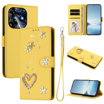 ZS01 Double-Layer Heart Floral Vegan Leather Phone Case with Wrist Strap, For Tecno Spark 10 5G, For Tecno Spark 10C / 10 4G, For Tecno Spark 10 Pro 4G, For Tecno Camon 19 / 19 Pro 5G
