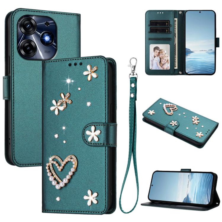 ZS01 Double-Layer Heart Floral Vegan Leather Phone Case with Wrist Strap, For Tecno Spark 10 5G, For Tecno Spark 10C / 10 4G, For Tecno Spark 10 Pro 4G, For Tecno Camon 19 / 19 Pro 5G