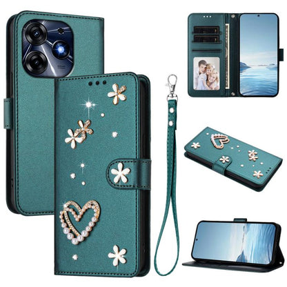 ZS01 Double-Layer Heart Floral Vegan Leather Phone Case with Wrist Strap, For Tecno Spark 10 5G, For Tecno Spark 10C / 10 4G, For Tecno Spark 10 Pro 4G, For Tecno Camon 19 / 19 Pro 5G