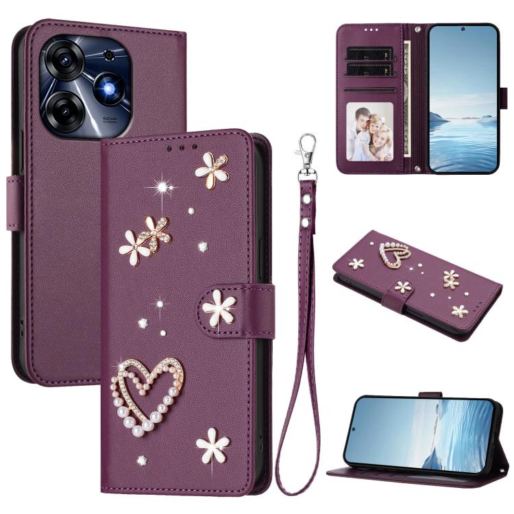 ZS01 Double-Layer Heart Floral Vegan Leather Phone Case with Wrist Strap, For Tecno Spark 10 5G, For Tecno Spark 10C / 10 4G, For Tecno Spark 10 Pro 4G, For Tecno Camon 19 / 19 Pro 5G
