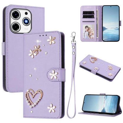 ZS01 Double-Layer Heart Floral Vegan Leather Phone Case with Wrist Strap, For Tecno Camon 40 Pro 4G Global, For Tecno Camon 40 Premier, For Tecno Camon 40 4G, For Tecno Spark 30C 5G / Pop 9 5G, For Tecno Camon 30S / 30S Pro                             ...
