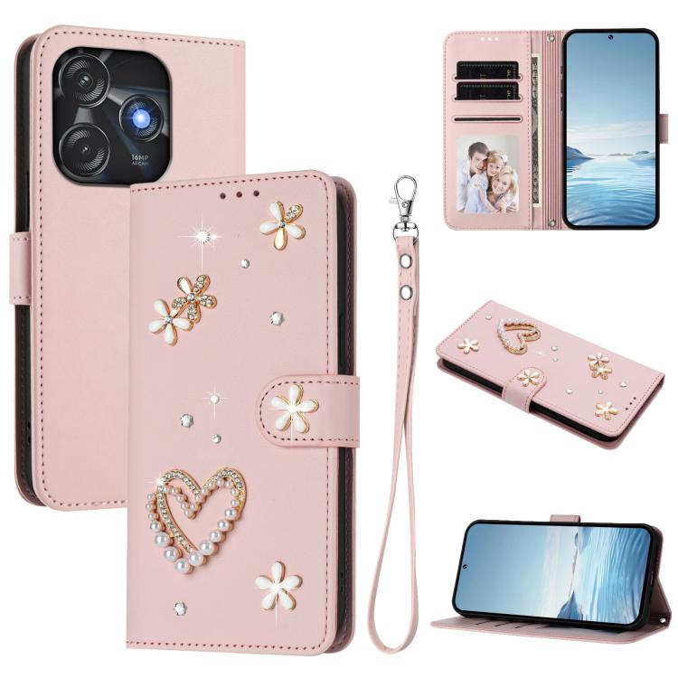 ZS01 Double-Layer Heart Floral Vegan Leather Phone Case with Wrist Strap, For Tecno Spark 10 5G, For Tecno Spark 10C / 10 4G, For Tecno Spark 10 Pro 4G, For Tecno Camon 19 / 19 Pro 5G