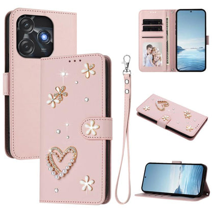 ZS01 Double-Layer Heart Floral Vegan Leather Phone Case with Wrist Strap, For Tecno Spark 10 5G, For Tecno Spark 10C / 10 4G, For Tecno Spark 10 Pro 4G, For Tecno Camon 19 / 19 Pro 5G