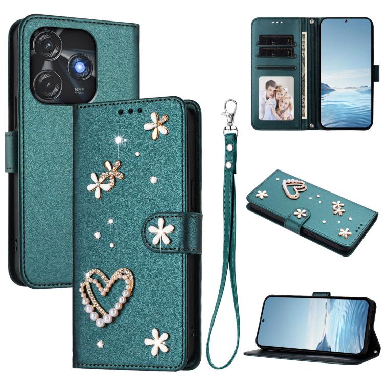 ZS01 Double-Layer Heart Floral Vegan Leather Phone Case with Wrist Strap, For Tecno Spark 10 5G, For Tecno Spark 10C / 10 4G, For Tecno Spark 10 Pro 4G, For Tecno Camon 19 / 19 Pro 5G