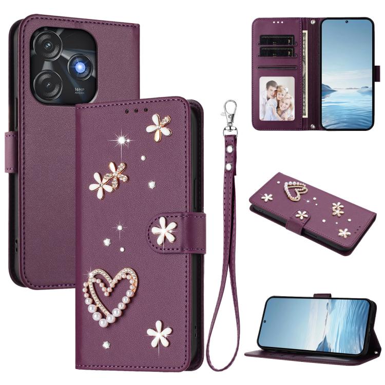 ZS01 Double-Layer Heart Floral Vegan Leather Phone Case with Wrist Strap, For Tecno Spark 10 5G, For Tecno Spark 10C / 10 4G, For Tecno Spark 10 Pro 4G, For Tecno Camon 19 / 19 Pro 5G