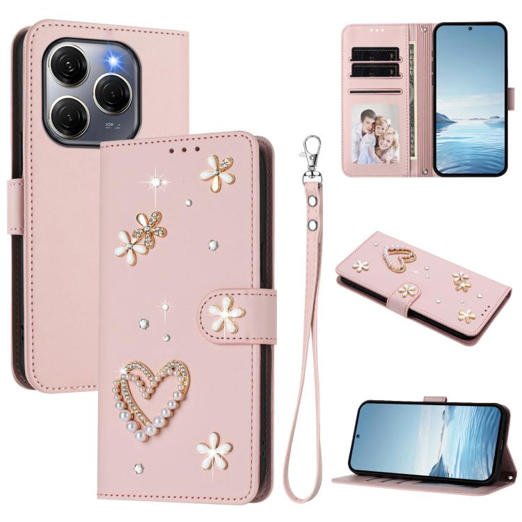 ZS01 Double-Layer Heart Floral Vegan Leather Phone Case with Wrist Strap, For Tecno Camon 40 Pro 4G Global, For Tecno Camon 40 Premier, For Tecno Camon 40 4G, For Tecno Spark 30C 5G / Pop 9 5G, For Tecno Camon 30S / 30S Pro                             ...