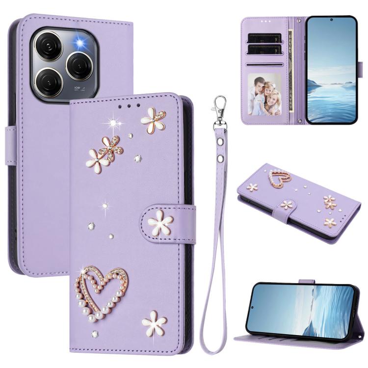 ZS01 Double-Layer Heart Floral Vegan Leather Phone Case with Wrist Strap, For Tecno Camon 40 Pro 4G Global, For Tecno Camon 40 Premier, For Tecno Camon 40 4G, For Tecno Spark 30C 5G / Pop 9 5G, For Tecno Camon 30S / 30S Pro                             ...
