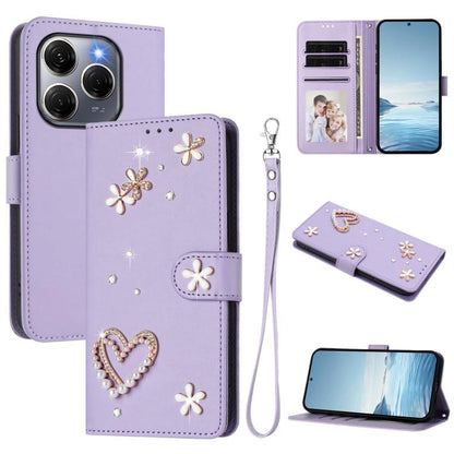 ZS01 Double-Layer Heart Floral Vegan Leather Phone Case with Wrist Strap, For Tecno Camon 40 Pro 4G Global, For Tecno Camon 40 Premier, For Tecno Camon 40 4G, For Tecno Spark 30C 5G / Pop 9 5G, For Tecno Camon 30S / 30S Pro                             ...