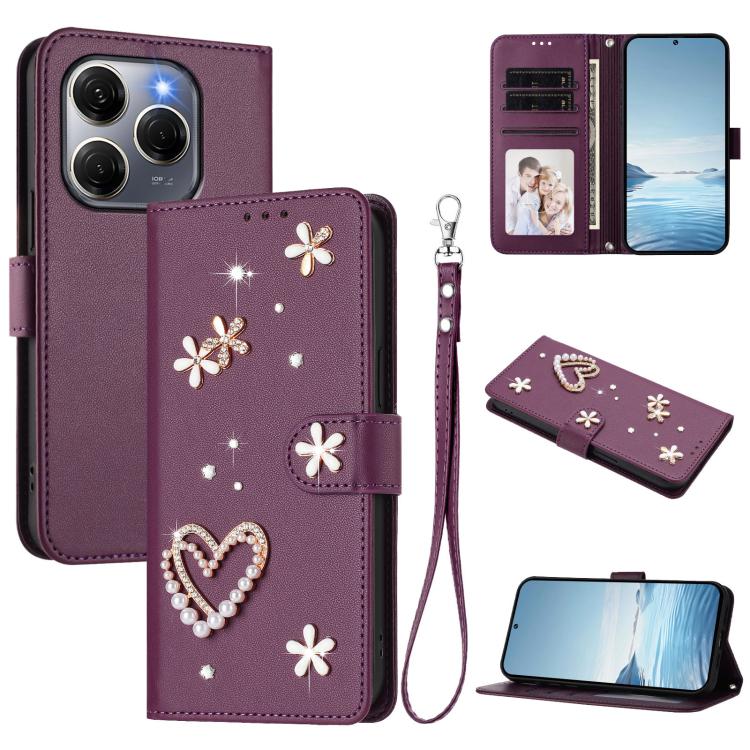 ZS01 Double-Layer Heart Floral Vegan Leather Phone Case with Wrist Strap, For Tecno Camon 40 Pro 4G Global, For Tecno Camon 40 Premier, For Tecno Camon 40 4G, For Tecno Spark 30C 5G / Pop 9 5G, For Tecno Camon 30S / 30S Pro                             ...