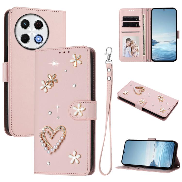 ZS01 Double-Layer Heart Floral Vegan Leather Phone Case with Wrist Strap, For Tecno Camon 40 Pro 4G Global, For Tecno Camon 40 Premier, For Tecno Camon 40 4G, For Tecno Spark 30C 5G / Pop 9 5G, For Tecno Camon 30S / 30S Pro                             ...