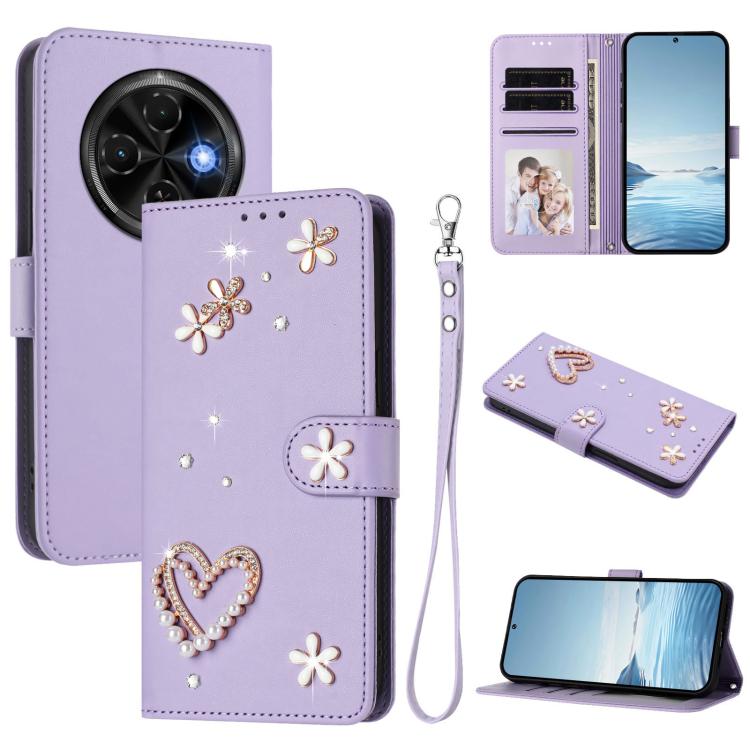 ZS01 Double-Layer Heart Floral Vegan Leather Phone Case with Wrist Strap, For Tecno Camon 40 Pro 4G Global, For Tecno Camon 40 Premier, For Tecno Camon 40 4G, For Tecno Spark 30C 5G / Pop 9 5G, For Tecno Camon 30S / 30S Pro                             ...