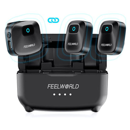FEELWORLD LM1 Wireless Lavalier Microphone for Phone Computer Camera, 2TX + 1RX + Charging Case