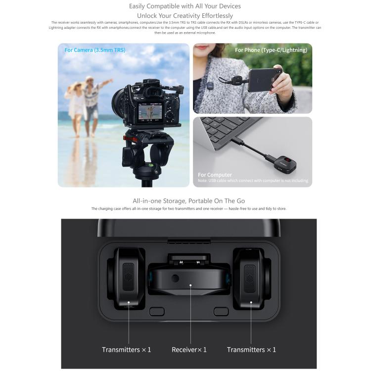 FEELWORLD LM1 Wireless Lavalier Microphone for Phone Computer Camera, 2TX + 1RX + Charging Case